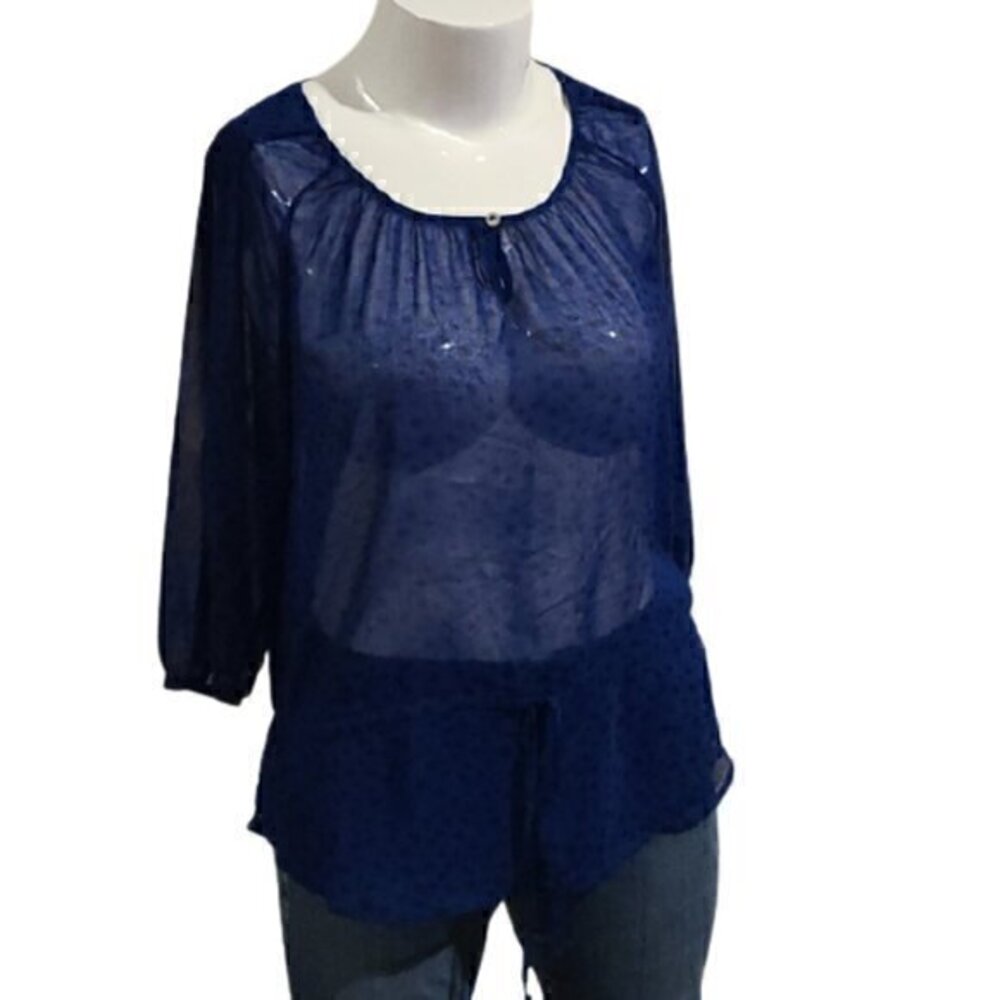 [The Limited] Blue & Black Scoop Neck Sheer Blouse - Size L